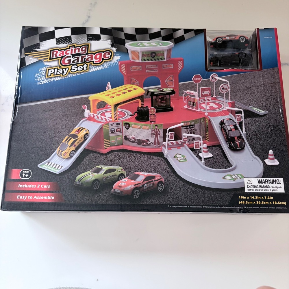Racing Garage Play Set with‎ 2 Toy Cars Multi-Level Parking Ramps Helipad Age 3+